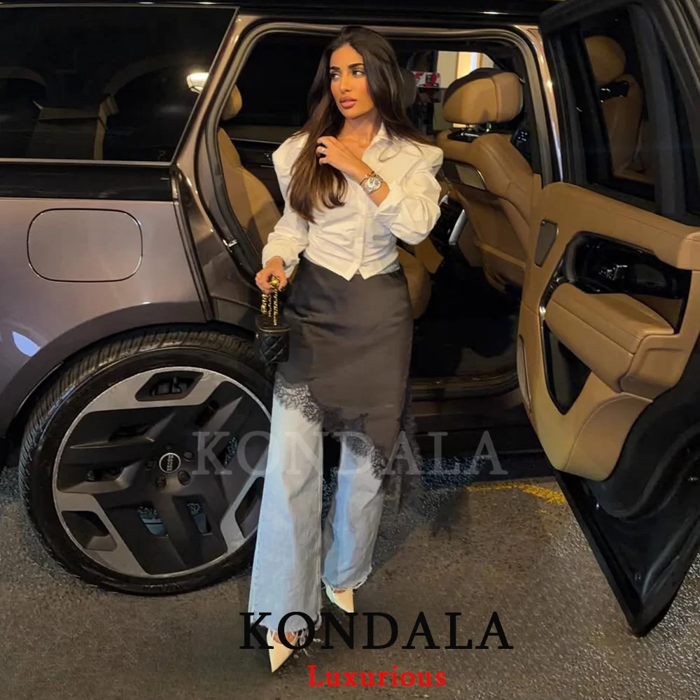 KONDALA مثير شيك الأسود الساتان الدانتيل النساء التنانير عالية الخصر غير النظامية ميدي تنورة الحفلات موضة 2025 مساء نادي حفلة فتاة تنورة