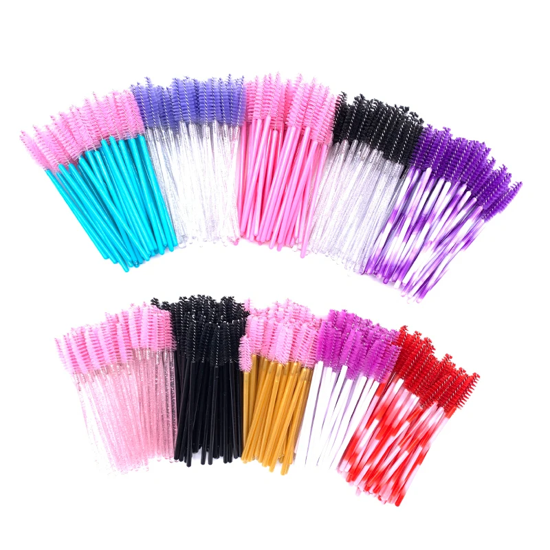 50 Pcs Shiny Crystal Eyelash Applicator Disposable Diamond Handle Nylon Mascara Wands Spoolies Pink Brushes