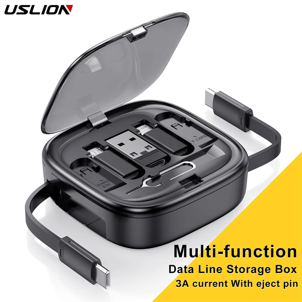 USLION Multi-function Data Line Cord With Holder Storage Box 3A Current With Eject Pin Easy Change Card Creative Hiding Stand