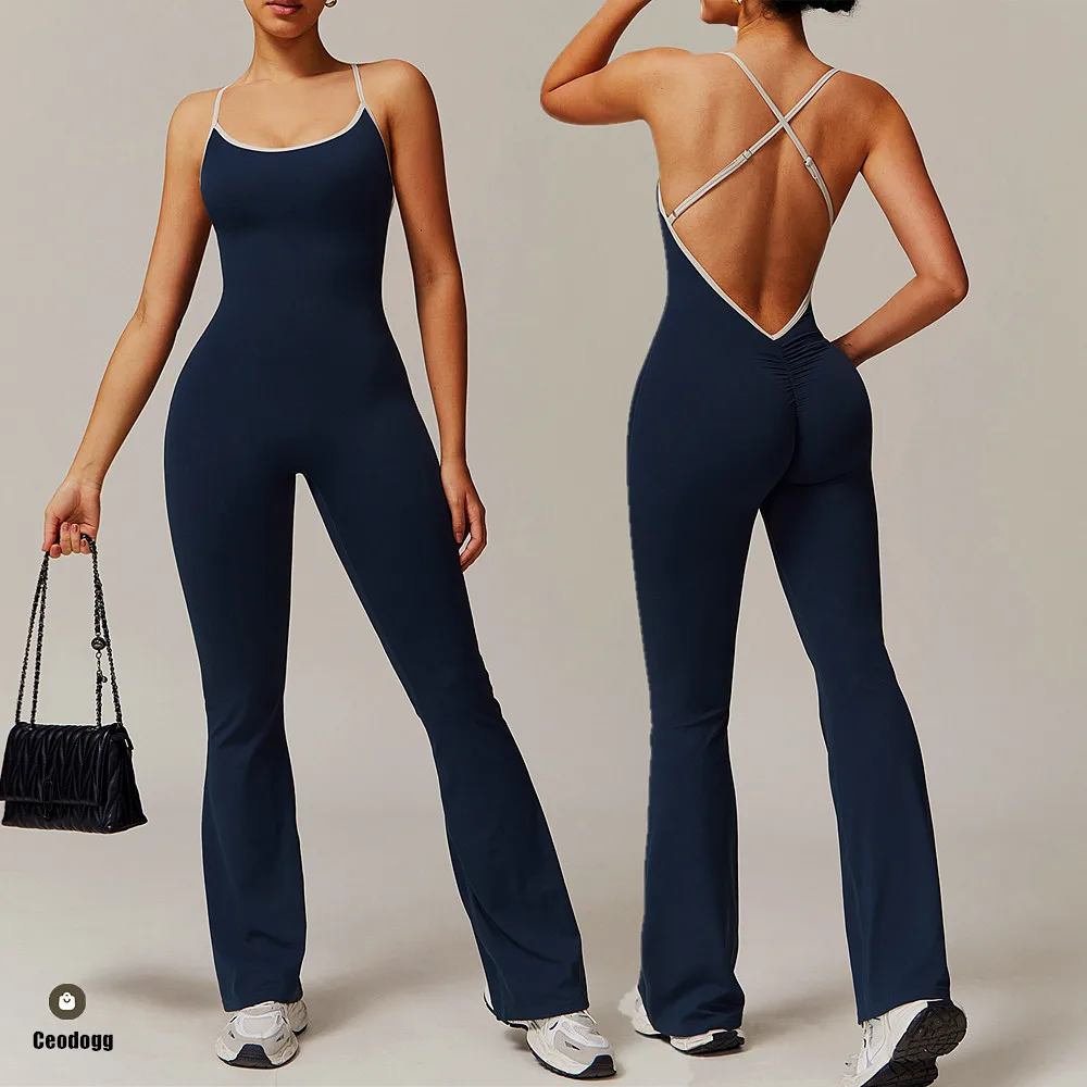 

Pad Back V Gym Legging Women Training Yoga Set Sportswear Women Jumpsuit Fitness Rompers Workout Flare Pant Bodysuits XP105