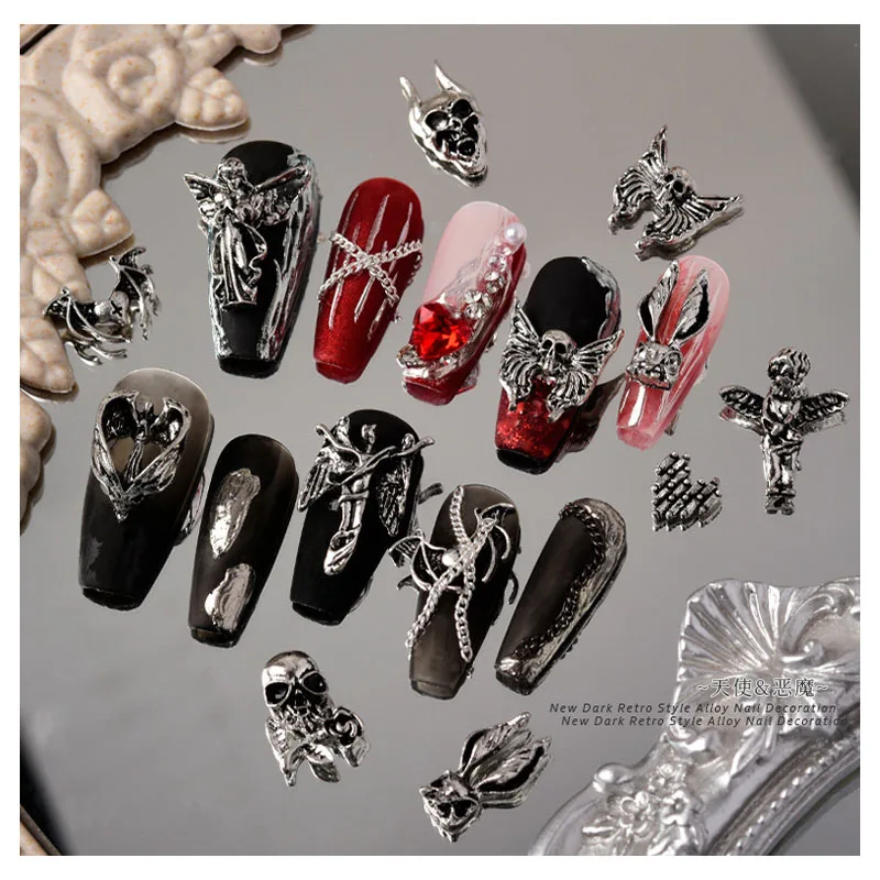 30pcs Retro Gothic Punk Style Nail Art Charms Antique Silver Alloy Jesus Catholic Cross Accessories Devil Angel Nail Decorations