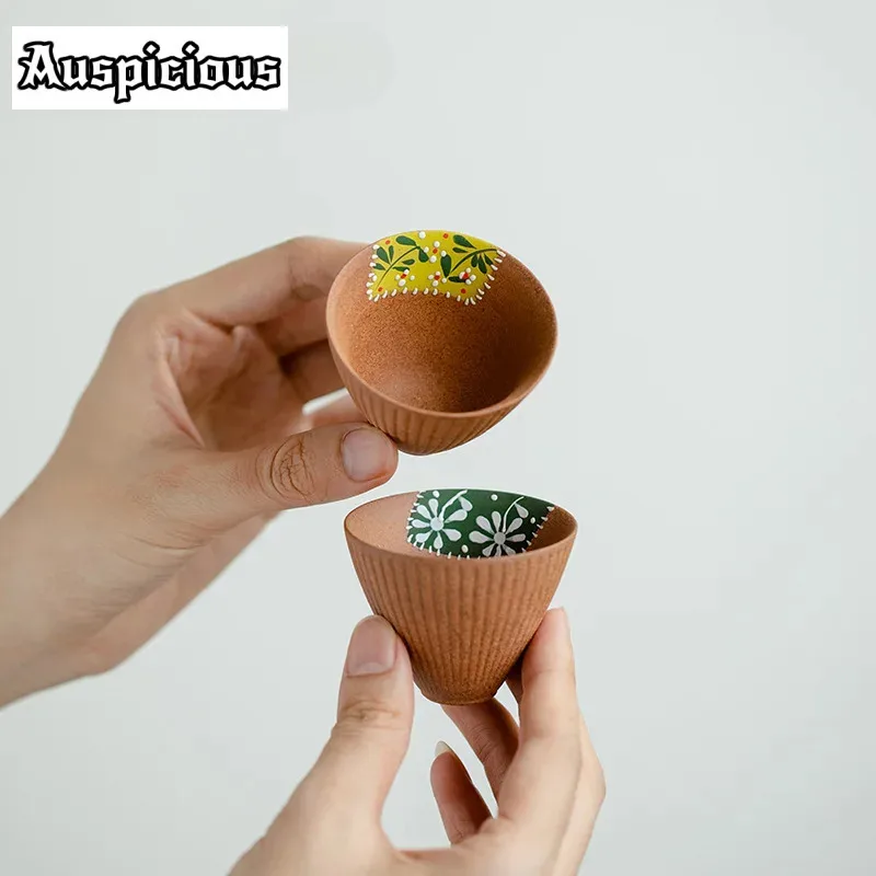 

2pc/lot Handmade Old Rock Mud Teacup Retro Cone Vertical Pattern Single Cups Jug Hand Painted Smelling Cup Teaset Supplies 38ml