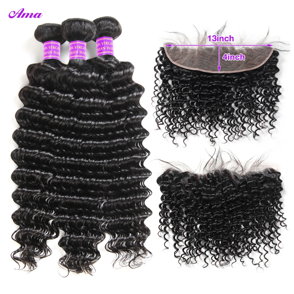 28 30Inch Deep Wave Human Hair Bundles with  Frontal Peruvian Hair Bundles with Frontal  Remy 100% Human Hair Extension