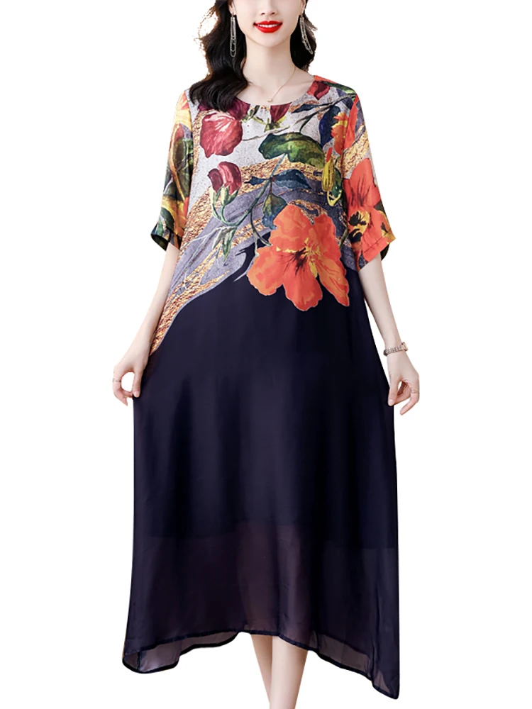 2024 Fashion Light Floral rayon Midi Dress Women Korean Elegant Loose Waist Dress Summer Vintage Luxury Chic Party Evening Dress