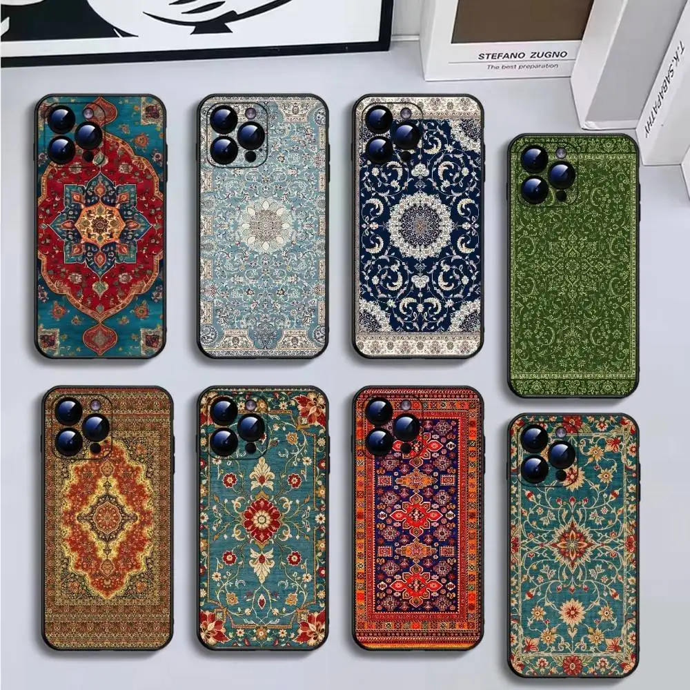

Persian Carpet Phone Case For iPhone16,15,14,13,12,11 Plus,Pro Max,XS,X,XR,SE,Mini,8,7,Soft Black Cover