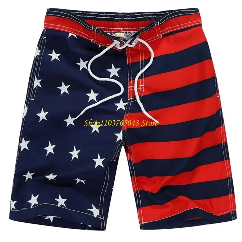 R53E Kids Boys Drawstring Elastic Waist Swim Trunks Toddler American Flag Star Striped Printed Beach Shorts Quick Dry Swimsuit
