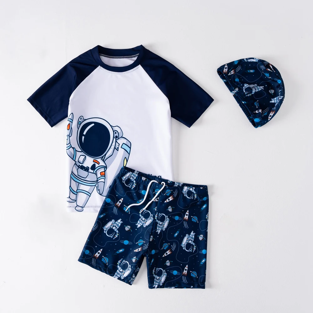 Boys 3-Pieces Astronaut Print Swimsuit Quick Dry Rash Guard Kids Swimwear With Cap For Beach Pool Summer Water Sports Surfing