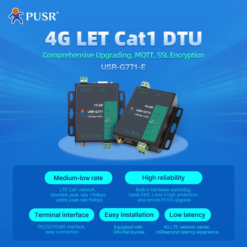 PUSR Europe Industrial M2m LTE CAT 1 Serial Cellular Modem RS485 RS232 4g Lte Modem USR-G771-E