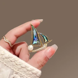 Cool Abalon Shell Sailboat Pearl Brooches for Men Woman Elegant Ship Sea Transport Pins Office Party Friend Gifts Accessories