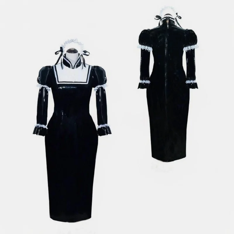 

French Maid Girl Sissy Cosplay Dress Custom Black PVC Unisex Dress