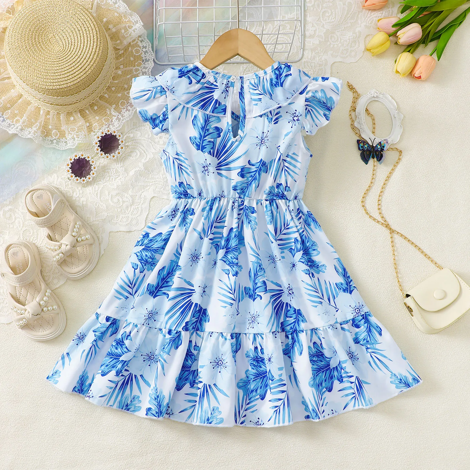 1-6 Year old Girls' Dress Ruffle Edge design Maple Leaf print Dress Summer Beach Vacation Casual Dress Girls' clothing