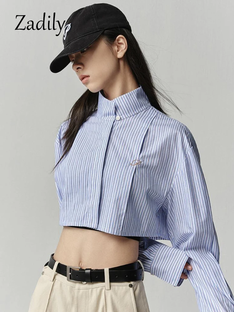 Zadily 2024 Summer Streetwear Long Sleeve Striped Women Cropped Shirt Button Stand Neck Embroidery Ladies Blouse Female Clothing