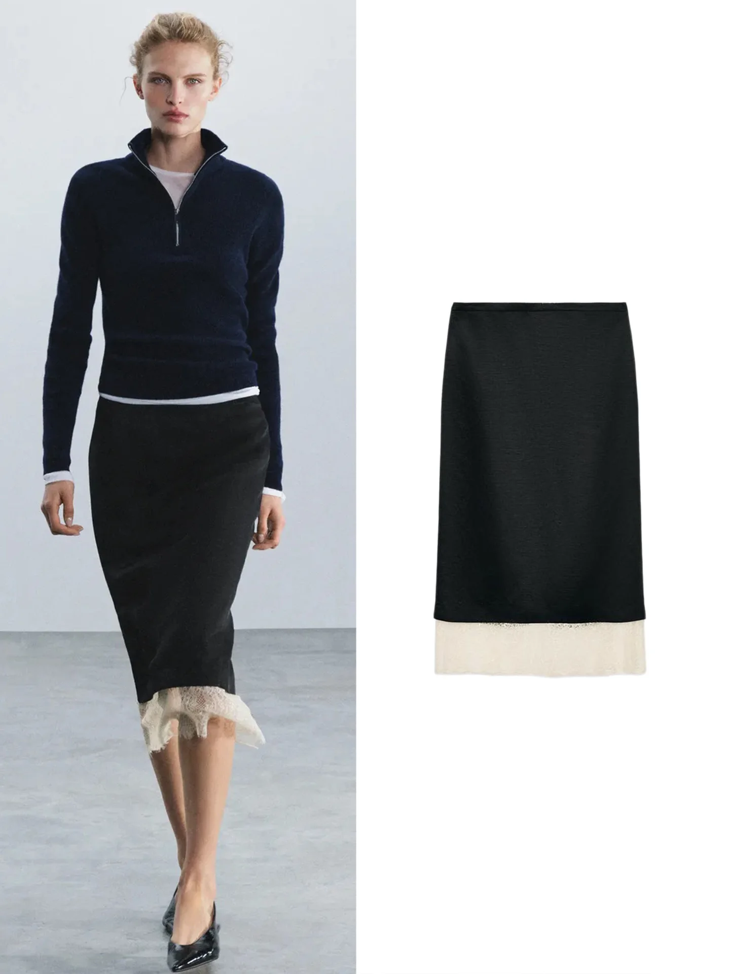 Autumn New Arrival Women's Casual Mid-Waist Color Block Lace Splice Straight Hem Skirt Fashionable Slim Fit Polyester Fiber