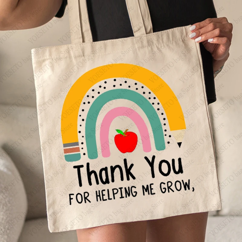 Thank You Helping Me Grow Rainbow Pattern Shopping Bag Canvas Shoulder Bag Reusable Foldable Storage Tote Bag Gift for Teacher