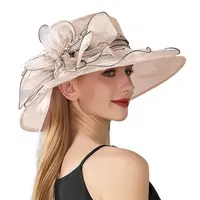 Solid Color Flowers Women Derby Hat Wide Brim UV Protection Summer Ruffles Sun Hat Organza Foldable Bridal Tea Party Wedding Hat - Image 2