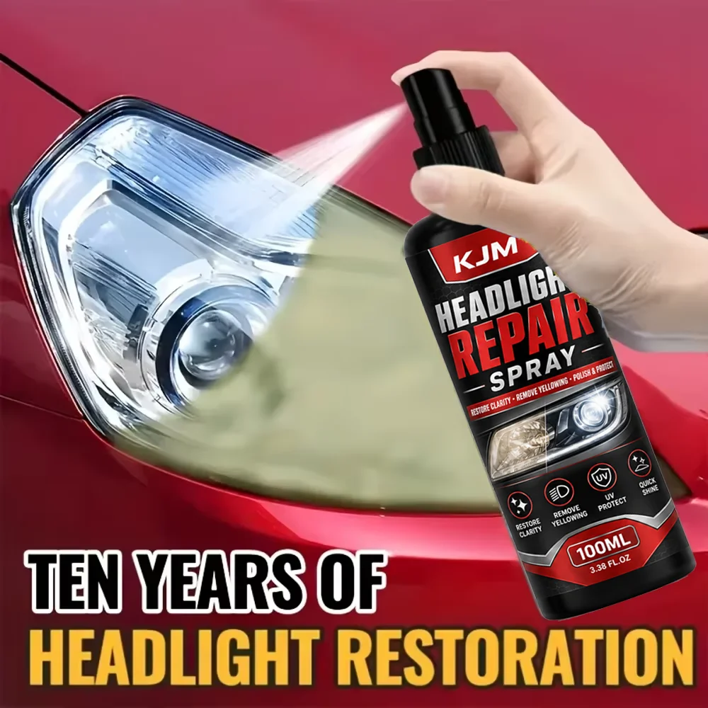 KJM Headlight Lens Restorer 100ml Car Lamp Polish Cleaner Cloudy Yellowing Oxidation Remover Quick Shine Kit With Sponge