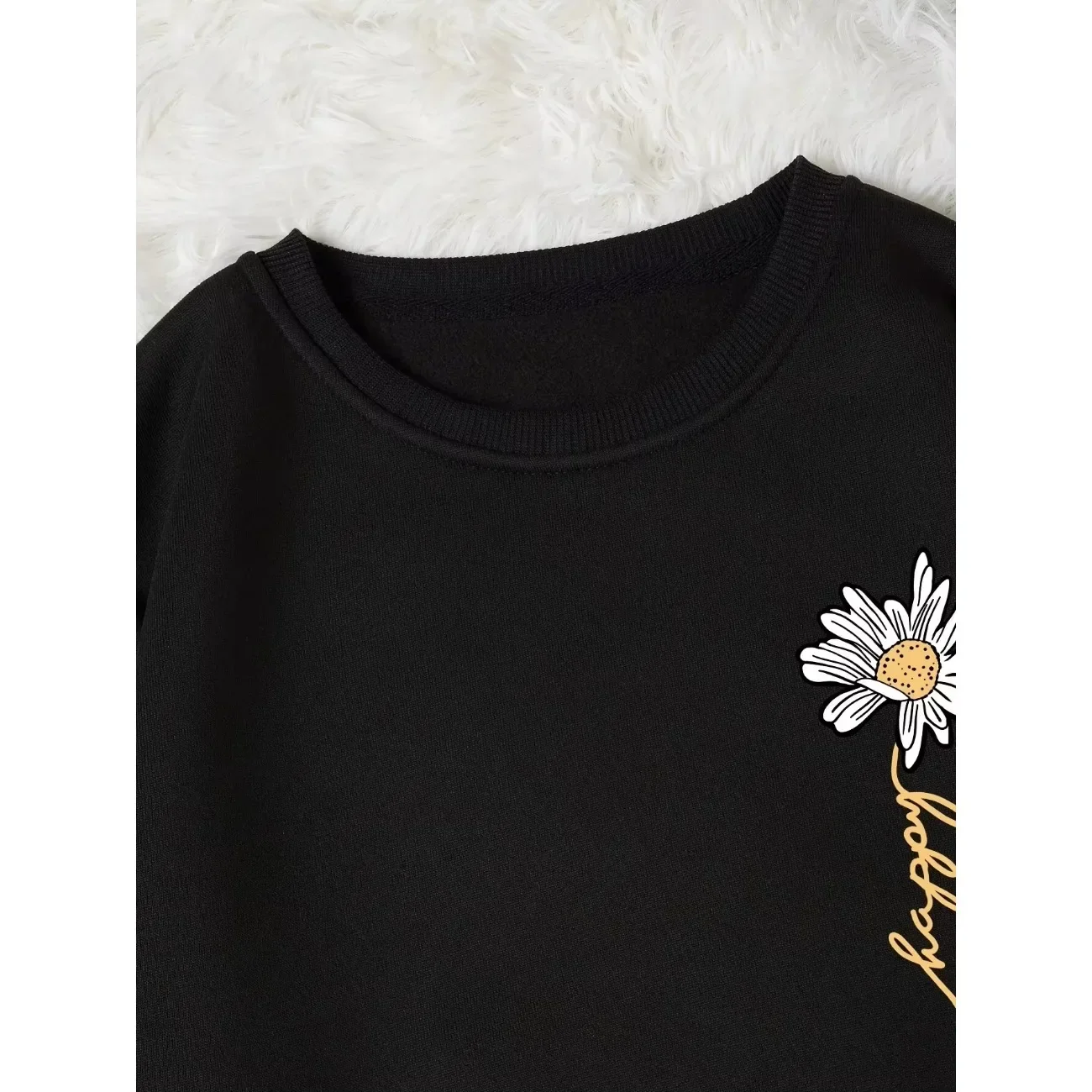 240g Thick Hoodie Cozy Floral Print Crewneck Sweatshirt for Women  Soft Long Sleeve Pullover with Daisy Embroidery and