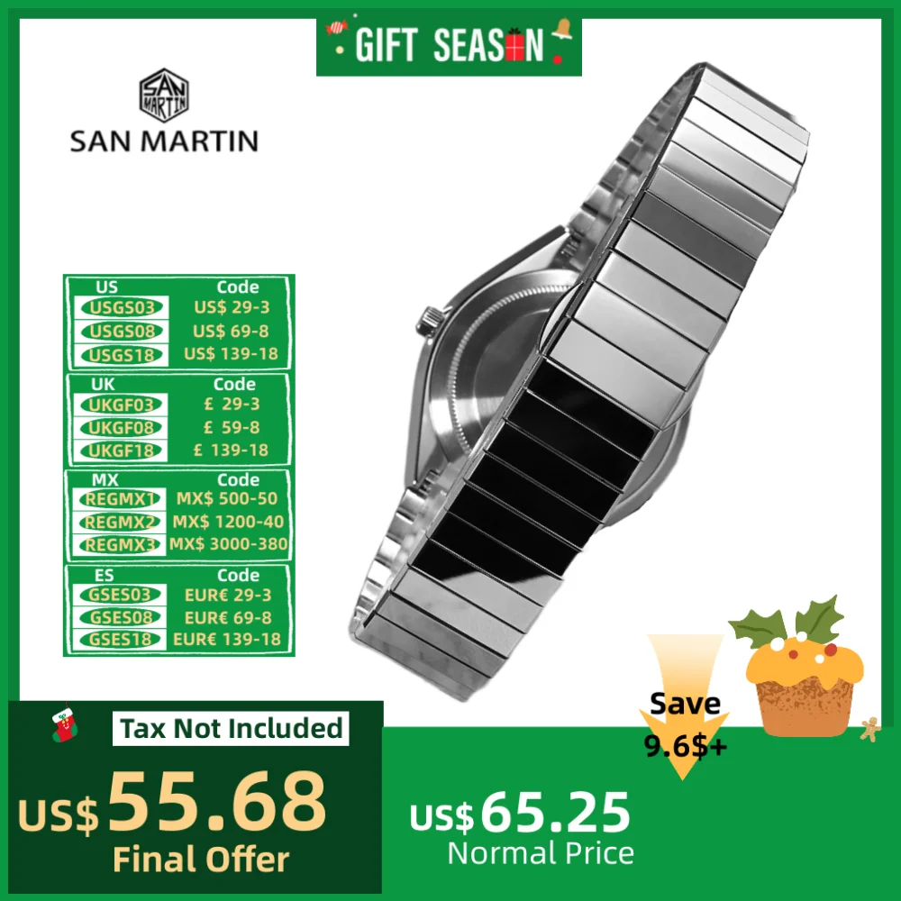 San Martin 21mm Polished 1-Link Bracelet Solid 316L Stainless Steel For Watch SN0102 Double Push Butterfly Clasp Screw Design