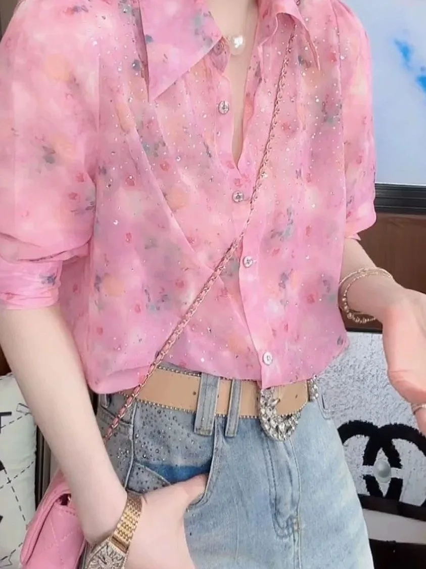 Unique Korean Style Women's Shirt Spring New High Level Beautiful Fashionable Rhinestone Floral Print Cardigan Top