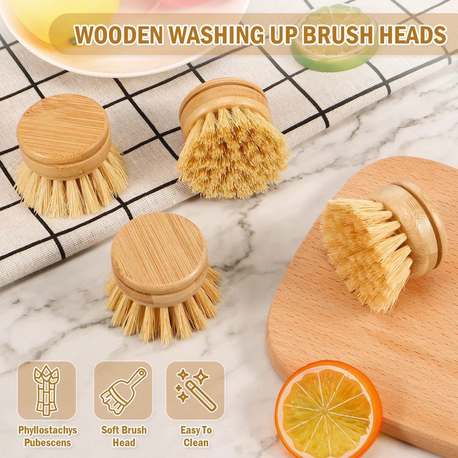 6Pcs Bamboo Dish Scrub Brushes Natural Sisal Bristles Wooden Cleaning Scrubbers for Kitchen Washing Cast Iron Pan/Pot NEW