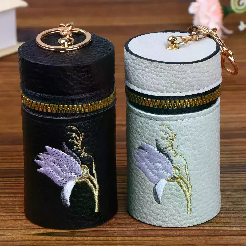Fashionable Embroidered Floral Mini Coin Purse with Keychain for Practical Lipstick Storage