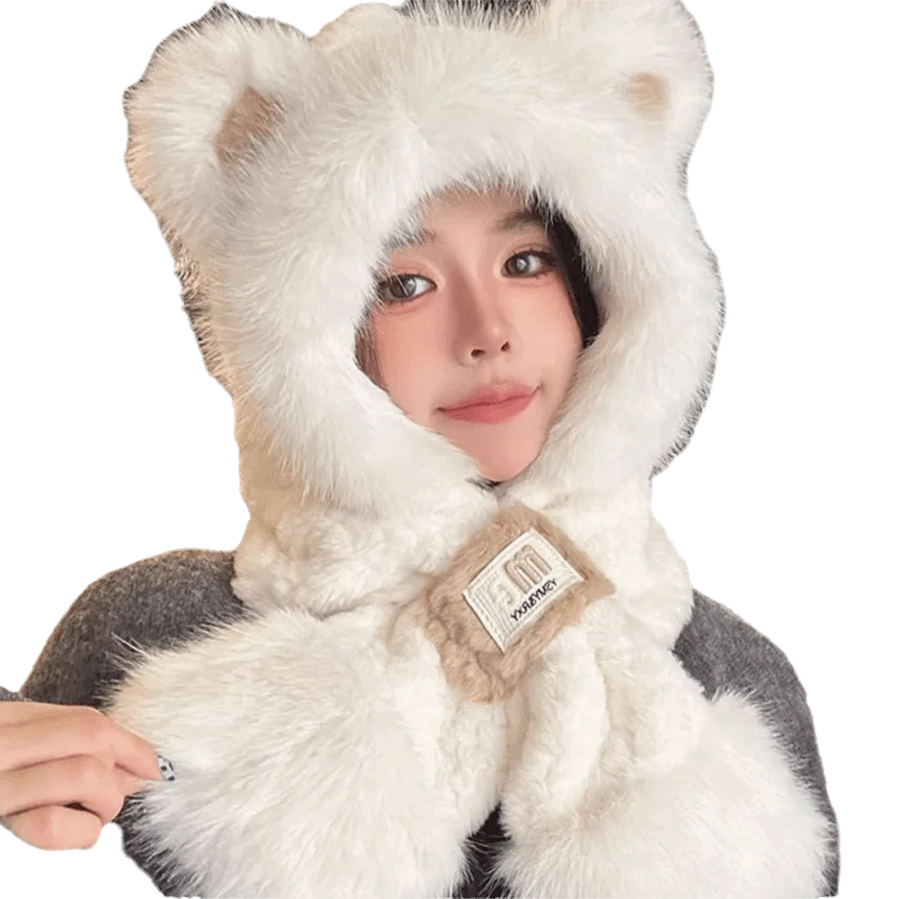 

Милая плюшевая зимняя интегрированная шапка, шарф, теплая утолщенная шапка-бини, шарф, повседневный мягкий шарф, комплект с капюшоном для улицы