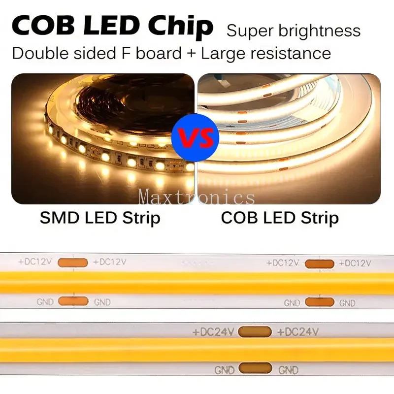 高密度cob LEDストリップライト,リニア照明,フレキシブルテープ,白,赤,青,緑,テレビの背景装飾,dc12,24v,320ダイオード/m