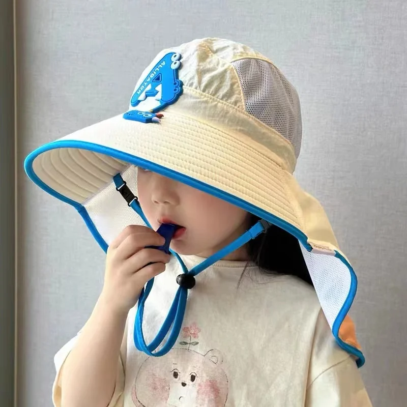 

Outdoors UV Protection Shawl Hat Print Kids Letter Sunshade Visor 2-10Year Boy Girl Quick Dry Mesh Bucket Hat Bring A Whistle