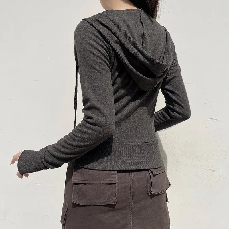 Sudadera con capucha con cordón en la cintura de Color sólido europeo americano Otoño Invierno bolsillo con cremallera chaqueta cárdigan empalmada