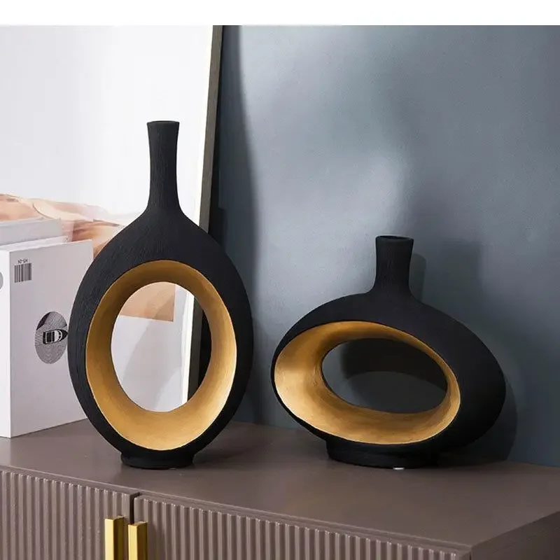 Black Gold Hollow Ceramic Vase Flower Arrangement Desk Decoration Artificial Flowers Decorative Floral Vases Modern Home Decor