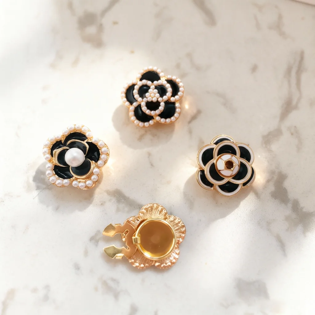 4 pièces de couvre-boutons élégants en métal classique avec perles pour la décoration de vêtements DIY, boutons décoratifs en alliage pour chemises et manches