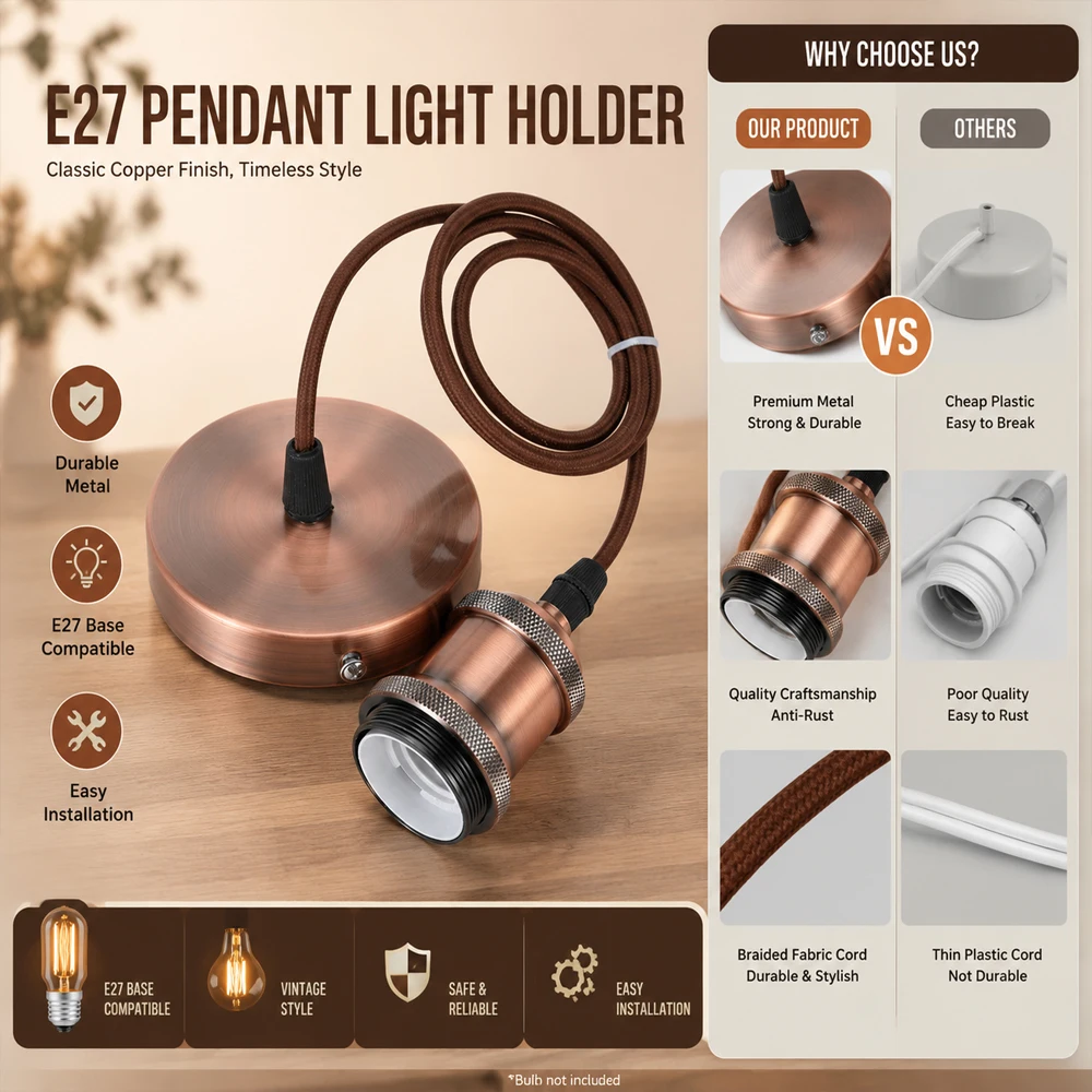 E27 Suspension Wire Lamp Holder Set Vintage Edison Lamp Socket Bases Light Bulb 90-265V Industrial Hanging Lamp Home for Decor
