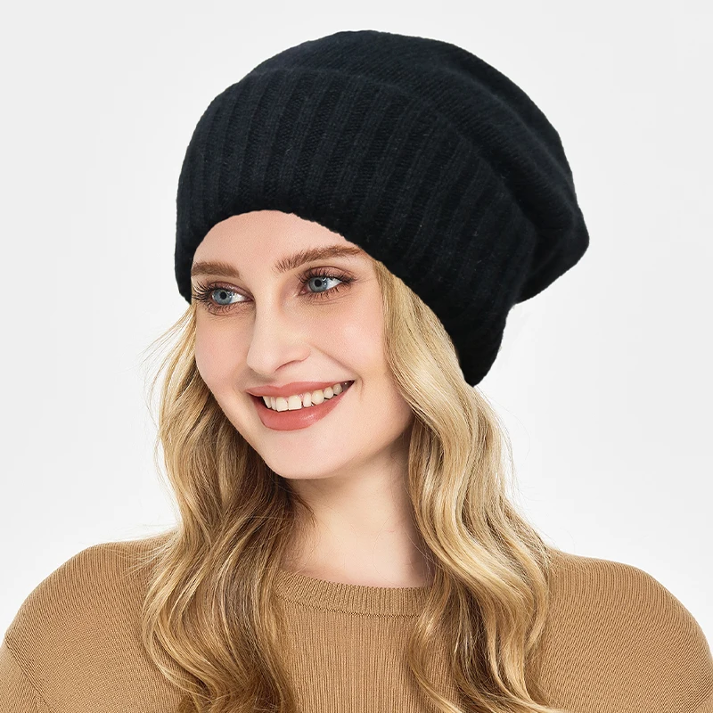 100%Cashmere Beanie Hat for Women's Winter Satin Lined Knitted Solid Skullies Cap Silk Lining Soft Warm Slouchy Bonnet