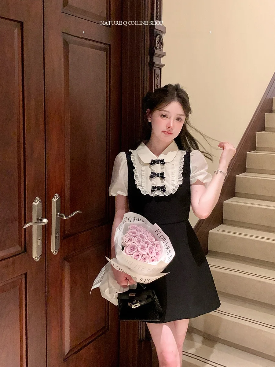 

Faux Two-Piece Doll Collar ort Bla Dr French Sle Bubble Sve A-Line Skirt Zipper Closure Summer Dr for Women