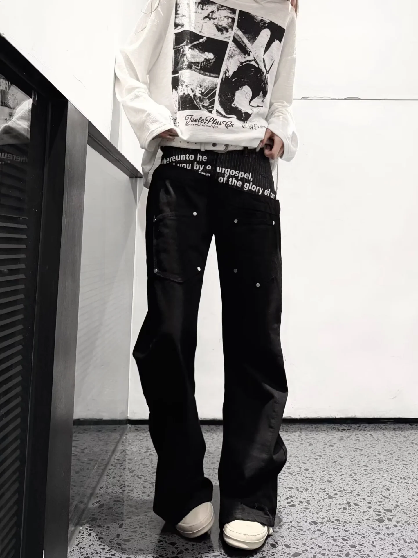American Street Double Waist Letter Print Jeans Men's Subculture Dark Loose Slimming Rivet Design Straight Leg Pants