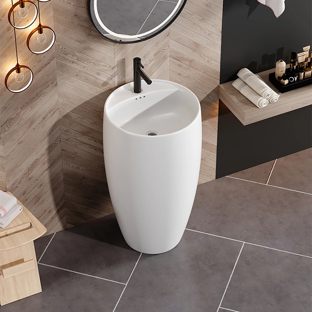 Floor Standing Integrated Ceramic Pedestal Sink Modern Household Bathroom Freestanding Hand Wash Basin Ceramic Washing Sink