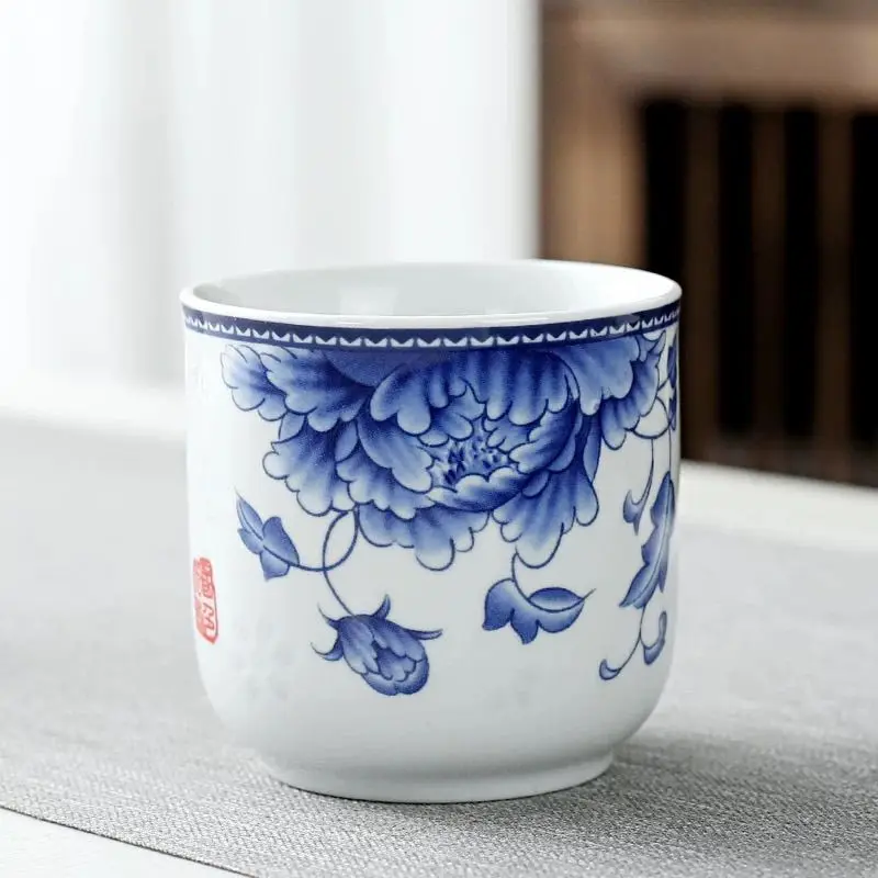 Ceramic Teacup, Blue and White Porcelain Personal Tea Bowl Wine Cup, Jingdezhen Teaware, Household Drinkware for Water, Coffee