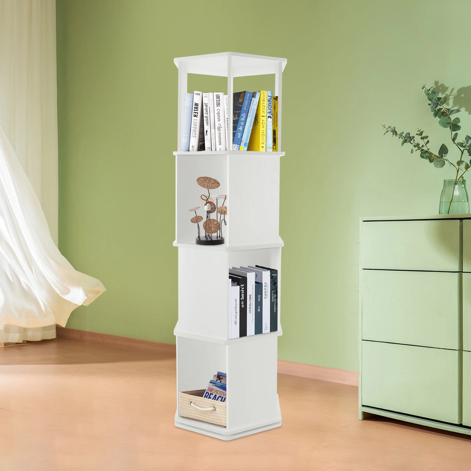 4-Tier Rotating Bookshelf 360° Display Revolving Bookshelf 80kg Load Capacity Floor Standing Corner Rotating Bookcase Used in Bedrooms/Study Areas/Children's Rooms/Game Rooms/Offices