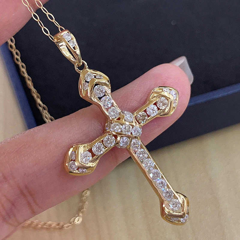 Aazuo 18K Yellow Gold Natrual Diamonds 1.50ct Classic Cross Pendent With Chain Necklace Gift For Women & Lady Birthdayt Party