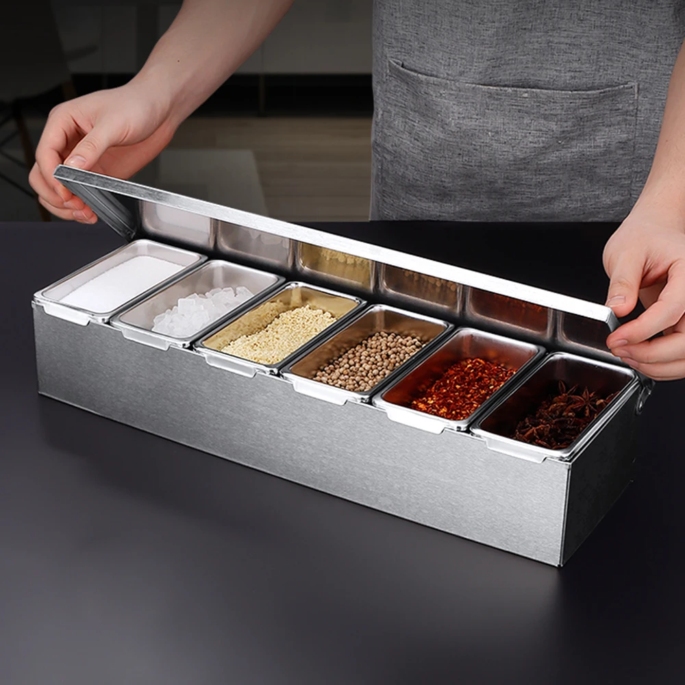 6-Grid Seasonings Boxes Stainless Steel Spice Container Ingredient Container Set with Lid for Kitchen Home