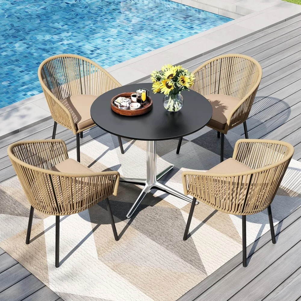 

5 Pieces Outdoor Small Dining Set for 4, 30" Round Metal Pedestal Table with & Brown Wicker Chairs with Cushions, Customized