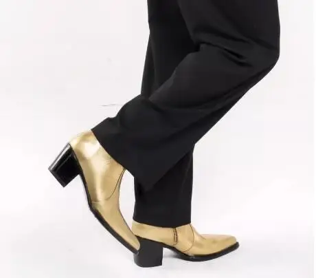Light Gold Matte Leather Pointed Toe 6 CM Height Increasing Square Heels Chelsea Boots British Style Men Fashion Ankle Boots