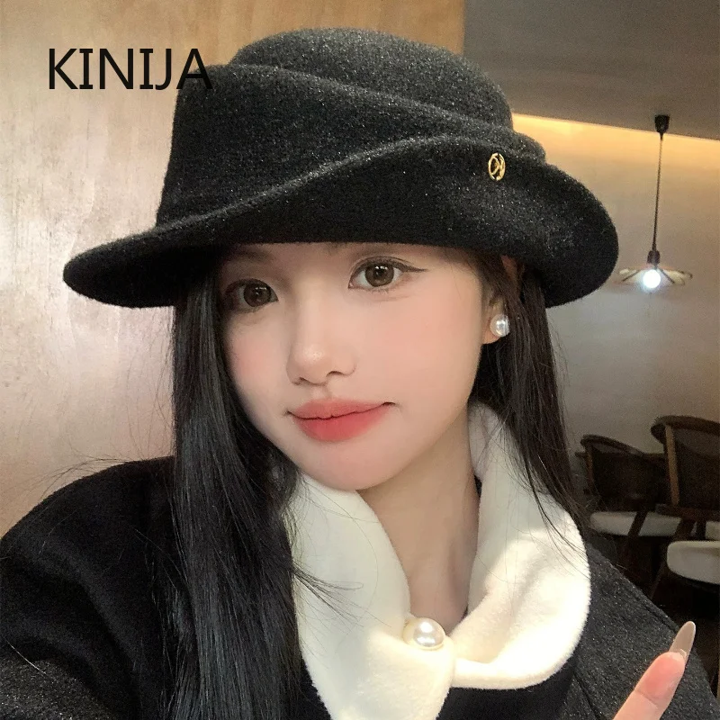 French Elegant Black Top Hat Women Autumn Winter Rolled Edge Woolen Hat Fisherman Hat Hepburn Style for Wedding Church Tea Party