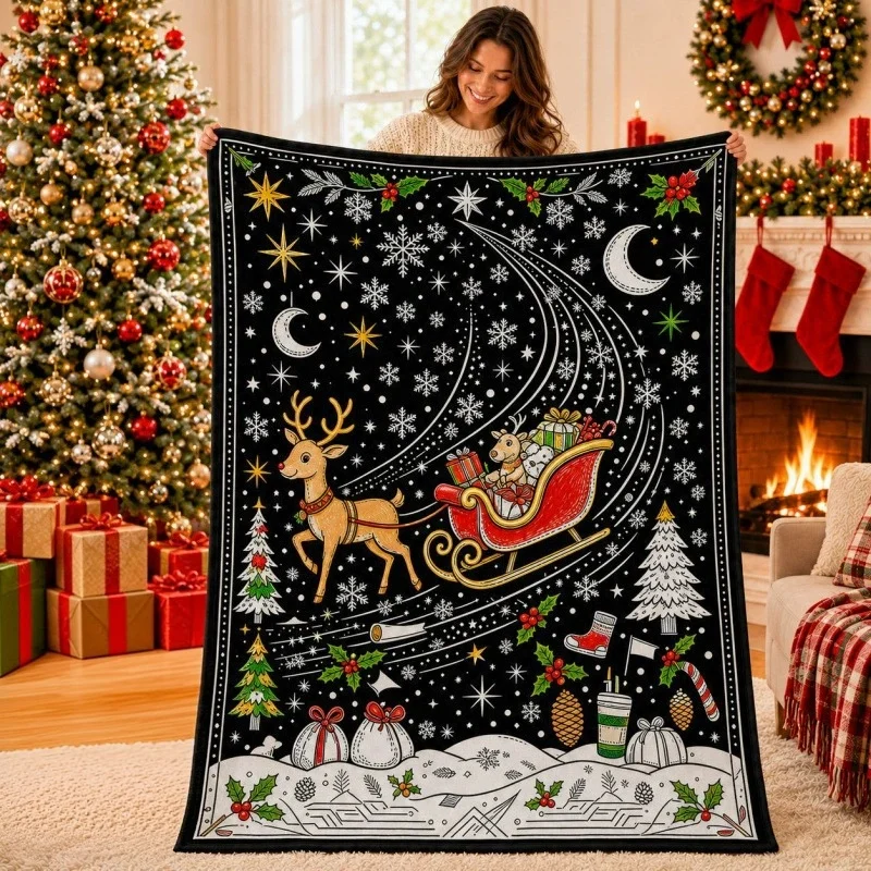 Xmas Santa Sleigh Town Elf Snowman Flannel Throw Gingerbread Print DIY blanket Cozy Sofa Home Holiday Present