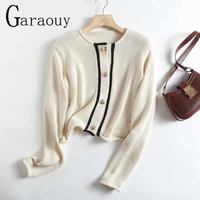 Garaouy2023Autumn Women Patchwork Edge Curl Knit Sweater Jacket Long Sleeve Female Elegant Crop Tops Commut Cardigan Coats Mujer