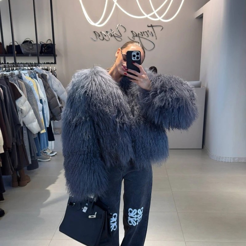 2026 Fashion Mongolia Sheep Fur Coat Women's Autumn Winter Faux Fur Short Jacket Loose Top Streetwear Female Plush Fur Outerwear