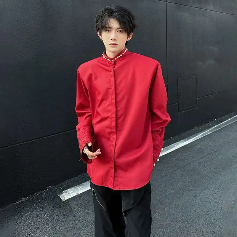 LUZHEN اللؤلؤ تزيين 2025 المرقعة الربيع الوقوف الرقبة جديد طويل الأكمام قمصان الرجال أنيقة بلون الذكور بلايز عادية JY4732 #2