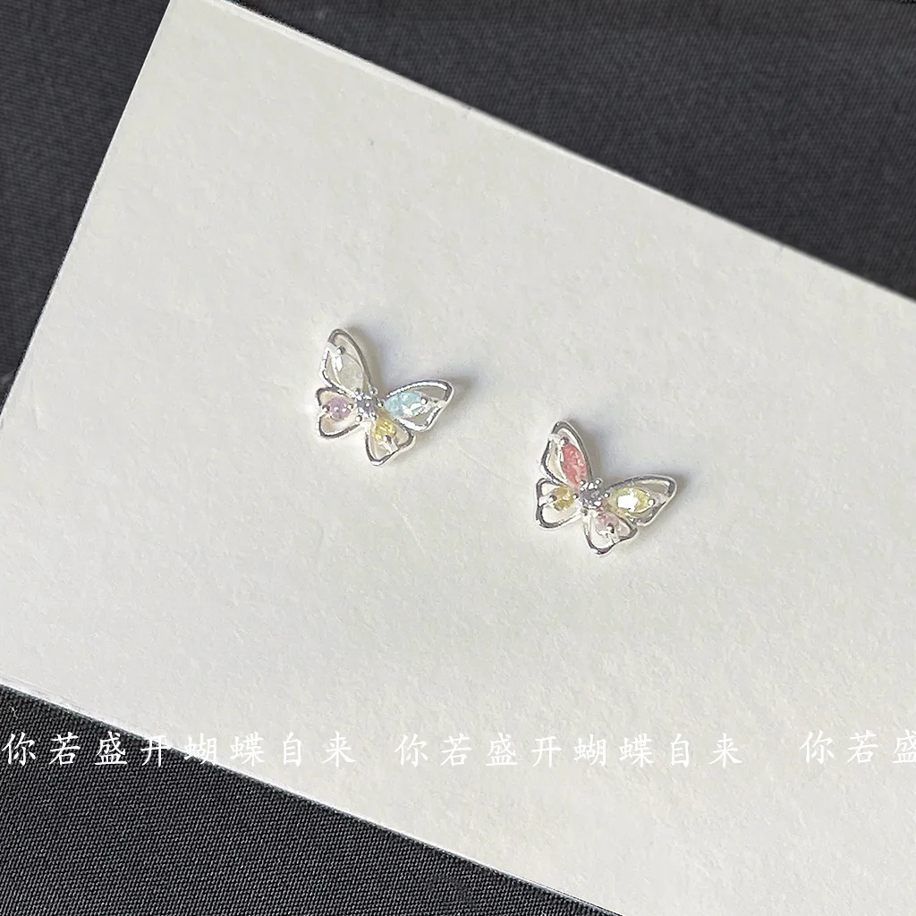 2025 New Fashion Mini Version 925 Silver Needle Micro Inlaid Colorful Zirconium Butterfly Earrings Ins Stud Earrings