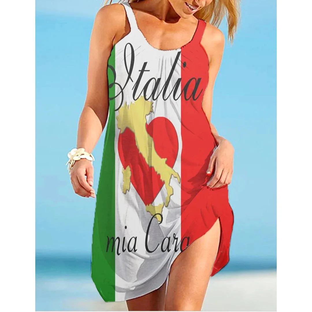 Italy Flag Dress Women Fashion Beach Strap Dress Bohemian Sleeveless Midi Dresses Party Evening Elegant Sundress Portugal 2023