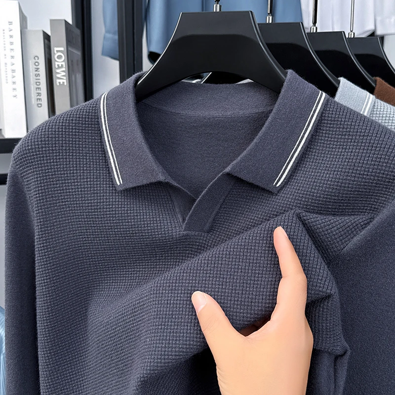 Sweter Rajut Kerah V Kecil Lengan Panjang Pria Merk High End, Warna Solid Model Waffle, Musim Gugur Musim Dingin, Tren Kasual Pakaian Pria Terbaru